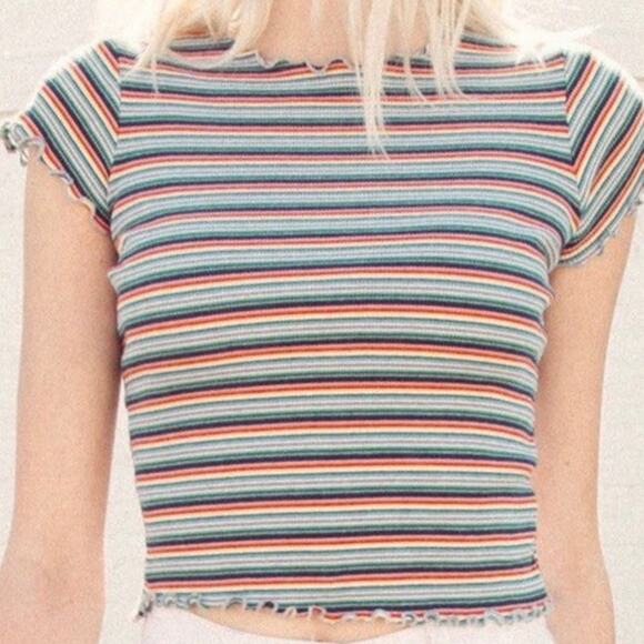 Brandy Melville multicolored striped crop top with a lettuce hem - Picture 1 of 8